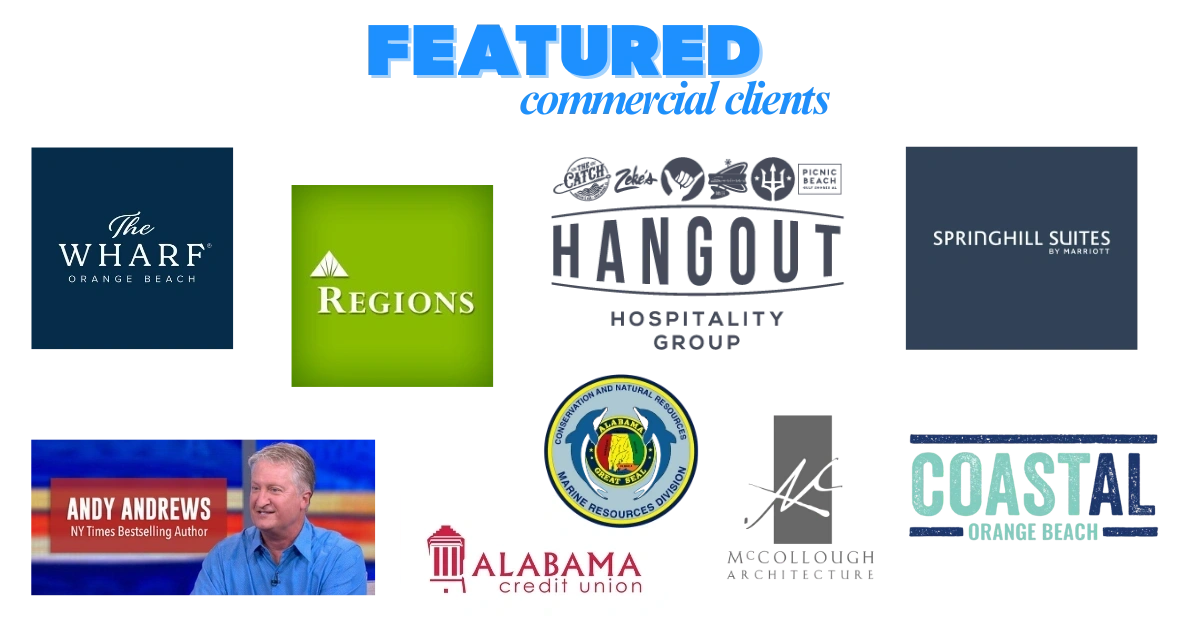 Featured commercial clients including The Wharf, Regions Bank, Hangout Hospitality Group, SpringHill Suites, Coastal Alabama